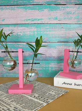 创意小清新木架水培家居装饰玻璃花瓶办公桌实木玻璃水培花器摆件