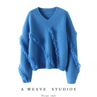 宽松 女纯羊绒毛衣针织衫 上身秒爱 坑条流苏重磅加厚V领山羊绒衫