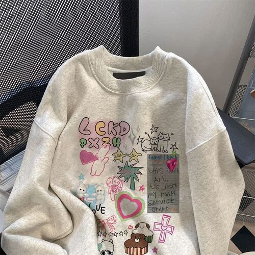 美式复古圆领卫衣女2024新款秋冬加绒加厚大码宽松慵懒风长袖上衣
