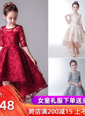 公主裙女童生日儿童晚礼服高端小花童主持人钢琴演出服红色洋气夏
