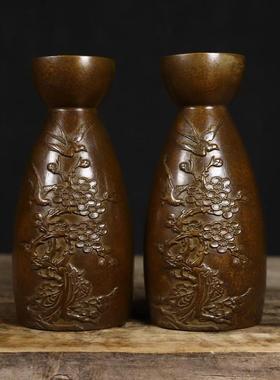 古玩杂项酒杯乾隆年制纯铜喜上眉梢酒盅酒具家居工艺摆件铜器一对