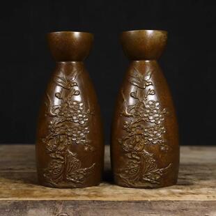 古玩杂项酒杯乾隆年制纯铜喜上眉梢酒盅酒具家居工艺摆件铜器一对