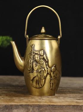 古玩铜器收藏铜壶摆件童子献寿茶壶酒壶提梁水壶家居茶道工艺摆件