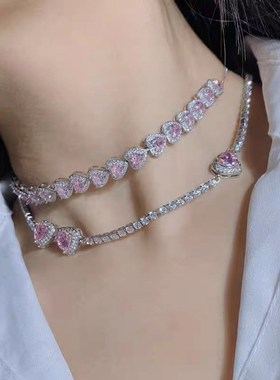 韩国网红轻奢粉色爱心项链小众闪闪辣妹锁骨链高定版满钻抽拉链条