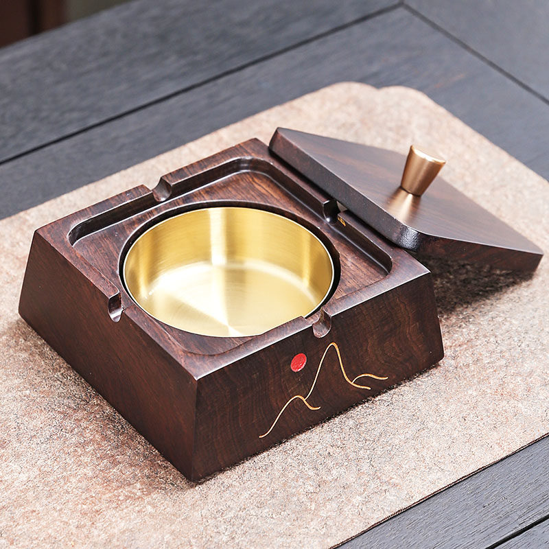 新中式黑檀实木烟灰缸带盖大号创意个性潮流家用客厅防飞灰定制