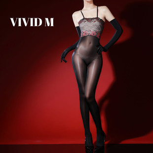 栩秘「蕊」性感蕾丝吊带连裤 丝袜 袜黑色极光油亮薄透免脱紧身连裤