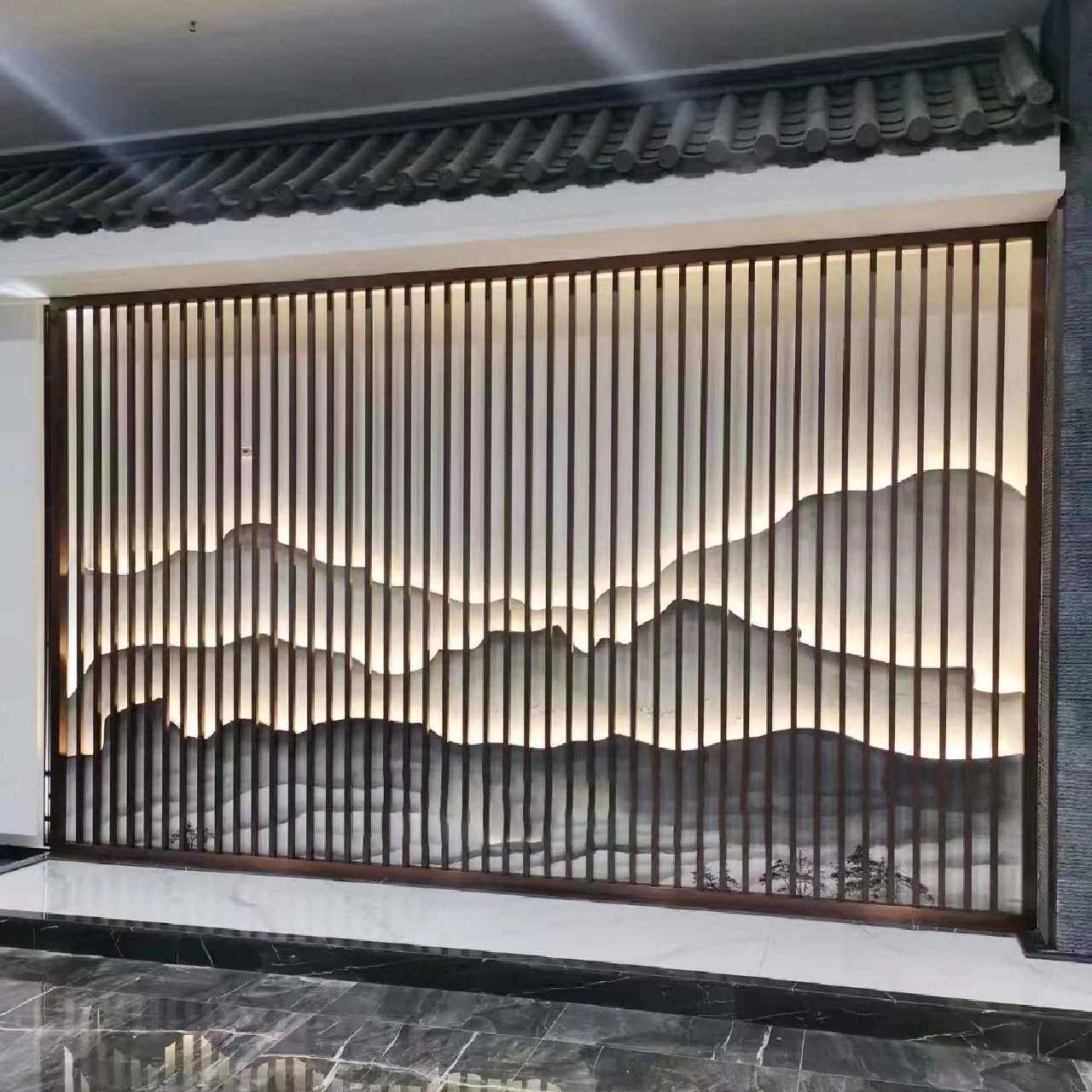 户外庭院玄关别墅金属格栅酒店景观山水背景墙带灯不锈钢假山屏风