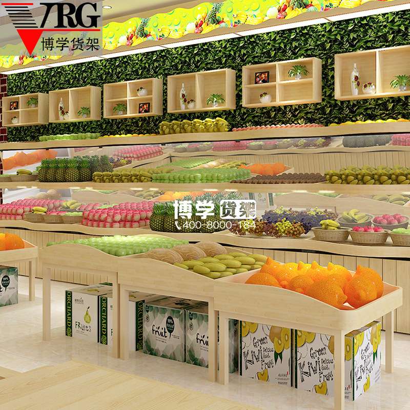 水果店货架 生鲜超市水果梯形中岛架 木质组合堆头展示架陈列架子