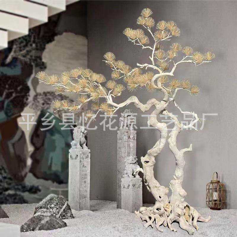 大型迎客松雪松马尾松双杆商场装饰树摆件松树实木雕刻树绿植造景