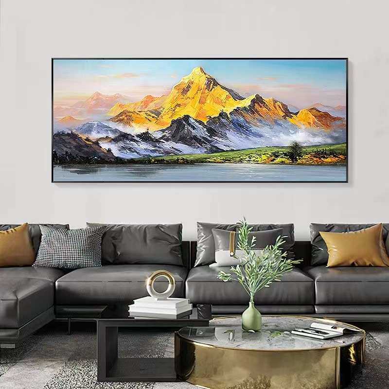 纯手绘日照金山新中式装饰画高档风景山水挂画客厅大尺寸横幅油画