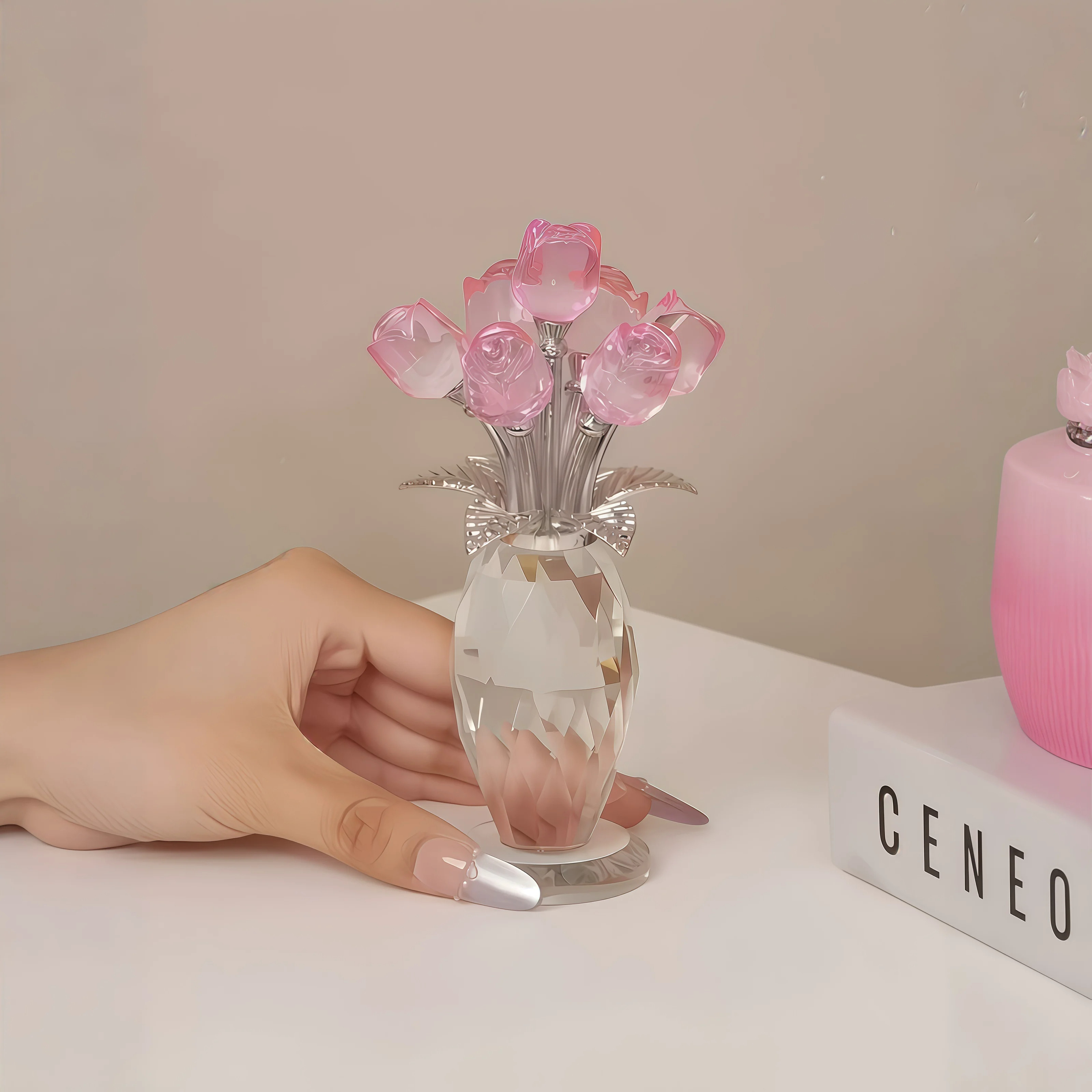 水晶玫瑰花花瓶摆件桌面办公室治愈系装饰创意水晶花迷你仿真花束
