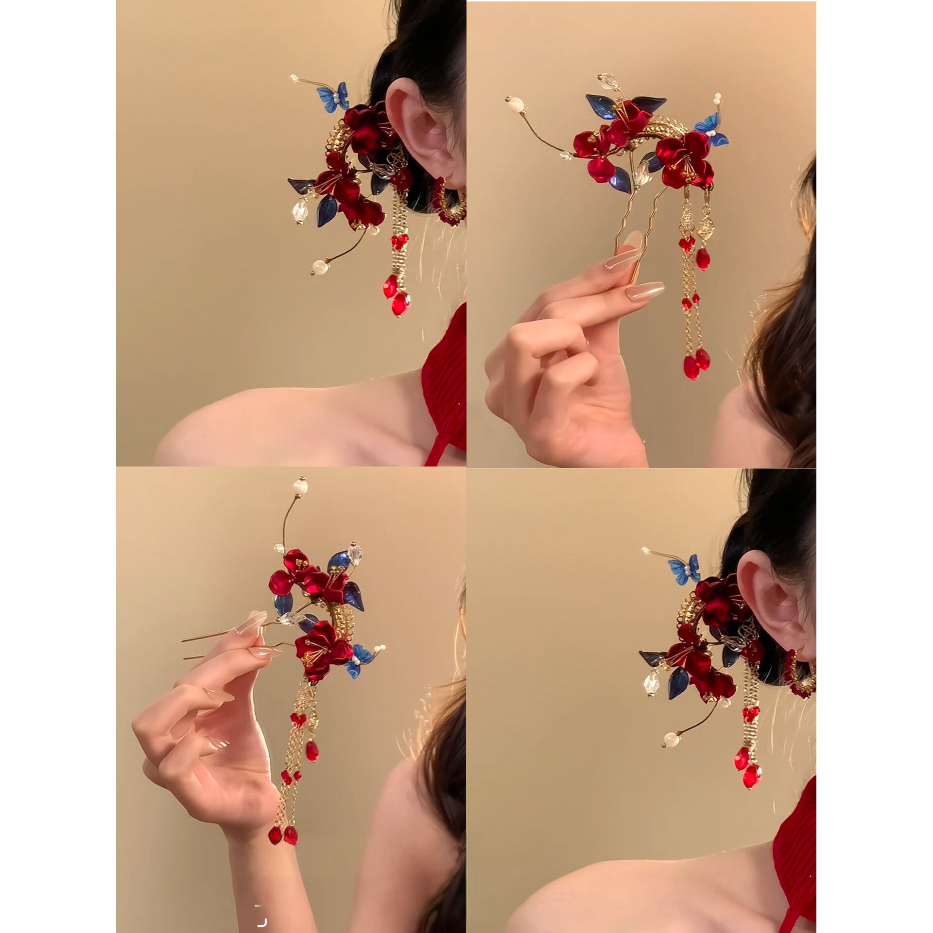 绯烟曳晚～国风红色花朵流苏发簪女新中式旗袍新娘头饰新年发饰
