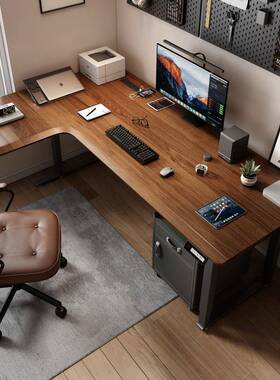 的四腿角转电动升降桌L型皮面脑实亲木电竞书桌288家用电桌办公桌
