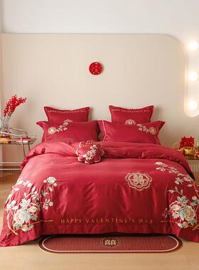 婚2025新款红色100件支长绒棉全棉中婚式庆床上4套刺绣房床上GNV
