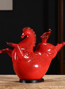 窑变战马件招财宝红色唐马摆陶桌瓷家居进客WES厅办公面酒柜装饰