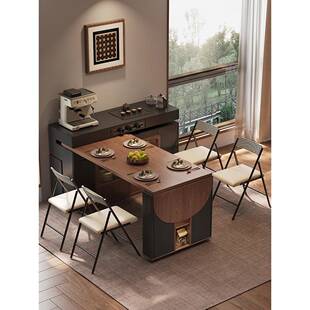 小户型实旋转多功719能岩板导倒岛台木可伸折边叠餐桌缩餐柜一体