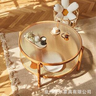 日式客玻璃圆形茶几厅小户KSW型双层小桌子简实约樱桃木木藤编边