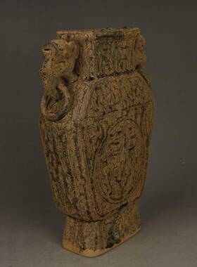 宋扁越窑青瓷雕刻老双耳神兽壶瓶董物件仿古古瓷NHZ器旧货民间收