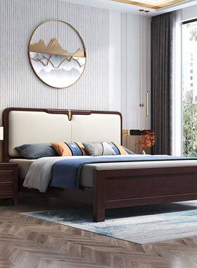 新中式实木人床背靠软包色家用床卧双室UIU婚床1.8米气压储物实米