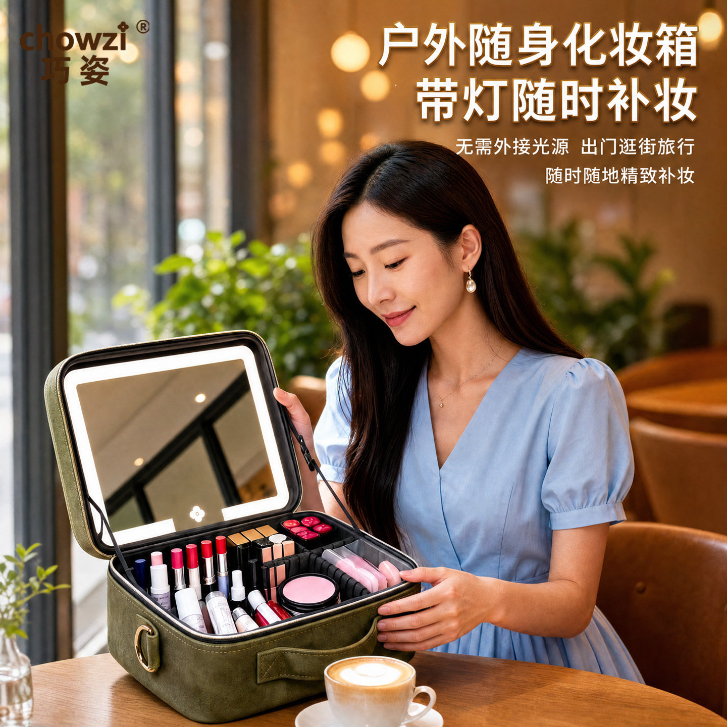 巧姿PU皮LED灯带镜大容量化妆包图片