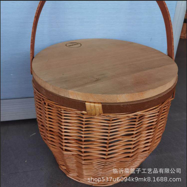 木质盖编框收保温提手餐篮藤编带21PB-020柳把手木盖篮手工编织果