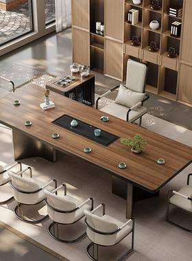 中式木纹岩板款茶桌2025新高端嵌XMX入式水壶一体全烧自动办公茶