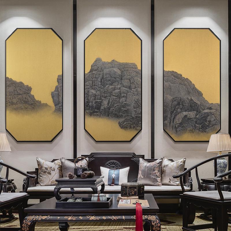奇石乾坤 新中式玄关装饰画饭馆茶楼古典壁画八边形石头客厅挂画
