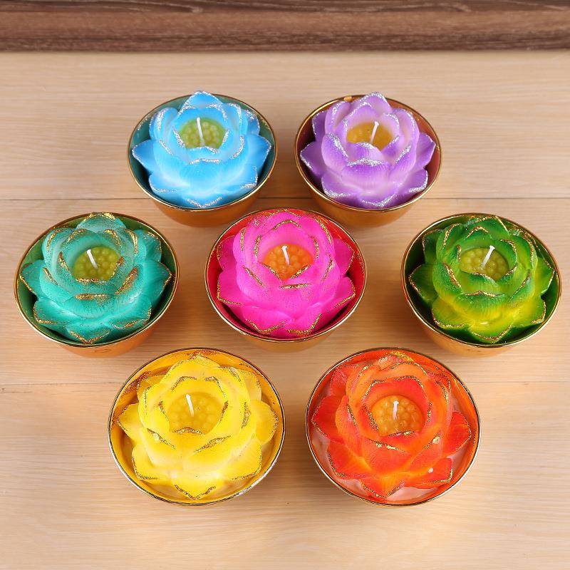 七彩莲花灯陶瓷花金莲花蜡金碗莲蜡边烛810荷花灯红浮水酥油色灯