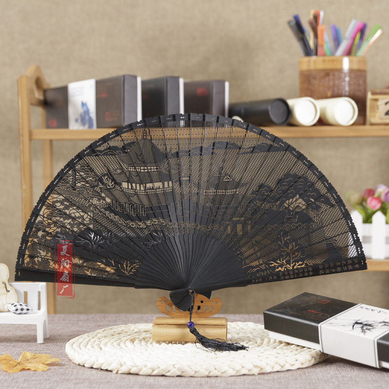 安吉夏阳扇厂制作全竹雕刻扇 岳阳楼折扇花色多选现货