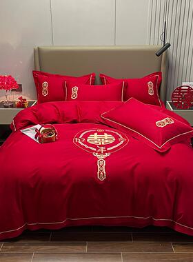全棉套四婚庆件套纯结WYM婚床笠新婚礼大红色婚房床上用品件4棉轻