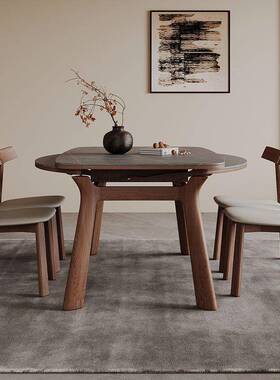 缩岩板伸实木餐餐桌家用DHB小户型可变圆桌现代简约轻奢圆方两用