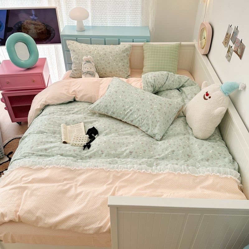 韩版花边全棉四件套小清新舒适纯棉被套学生3,4件套床单床上用品