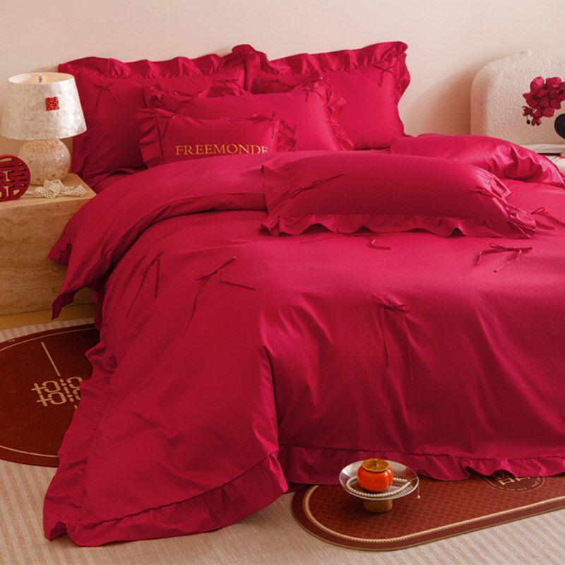 浪漫法式花边婚庆全棉120支长绒棉四件套纯棉被套大红色结婚床品4