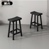 侘寂风实木吧台椅家用简约高脚吧台凳休闲酒吧椅岛台黑色马鞍椅子