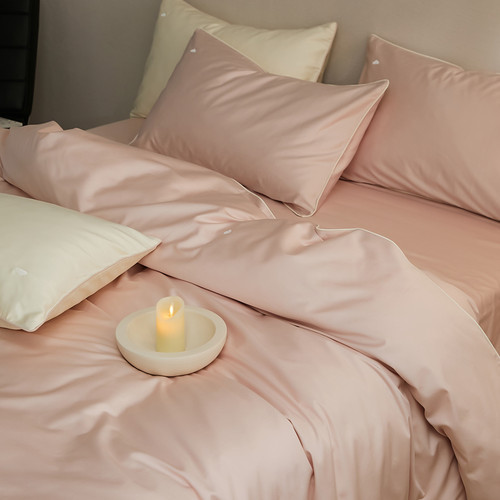 桃夭粉100支长绒棉贡缎四件组 小云朵刺绣纯色亲肤裸睡床品床笠