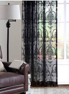 客厅窗书房落地窗飘QOB欧窗北古典风格黑色蕾提花丝纱窗帘成品免