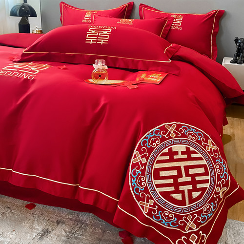 高档奢华婚庆刺绣全棉四件套大红色床单被套纯棉结婚喜庆床上用品