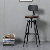 美式 复古工业风酒吧椅旋转升降实木高脚凳铁艺靠背家用餐厅吧台凳