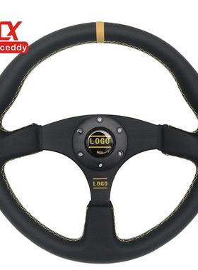 汽车改装14寸真皮方向盘 通用游戏机转向盘黄色缝线 孔距70mm