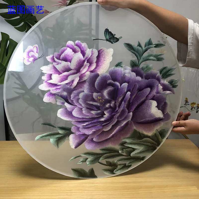 机器双面刺绣苏绣花开富贵牡丹半透明纱钢化玻璃装裱入户屏风玄关