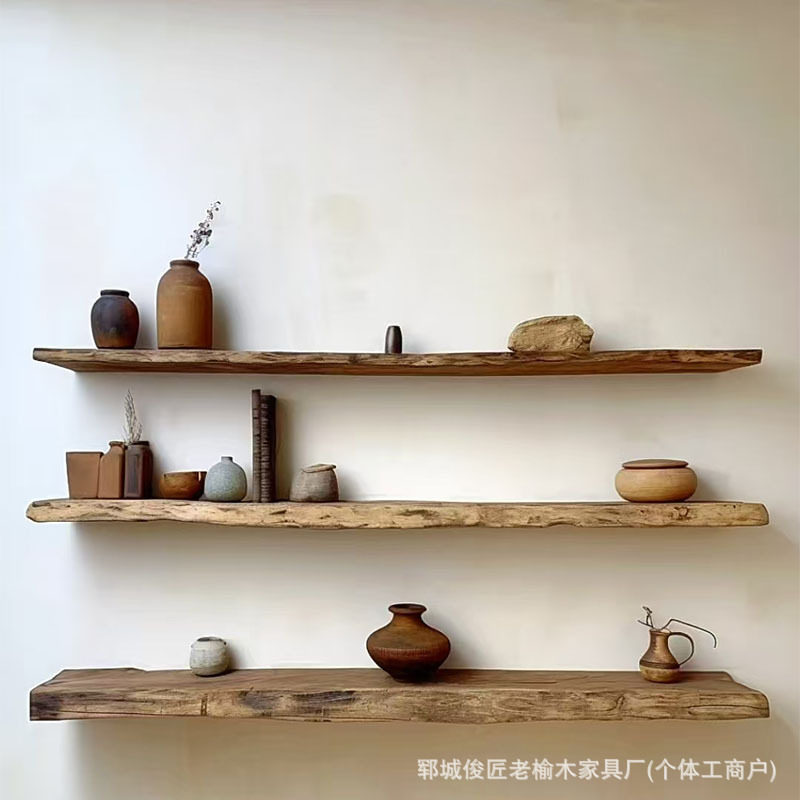 老榆木板材壁挂式一字隔板置物架民宿装饰墙上壁架古董花瓶展示架