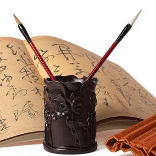 岱之檀 东非黑檀木精工雕刻笔筒创意礼品手工艺品摆件礼盒包装