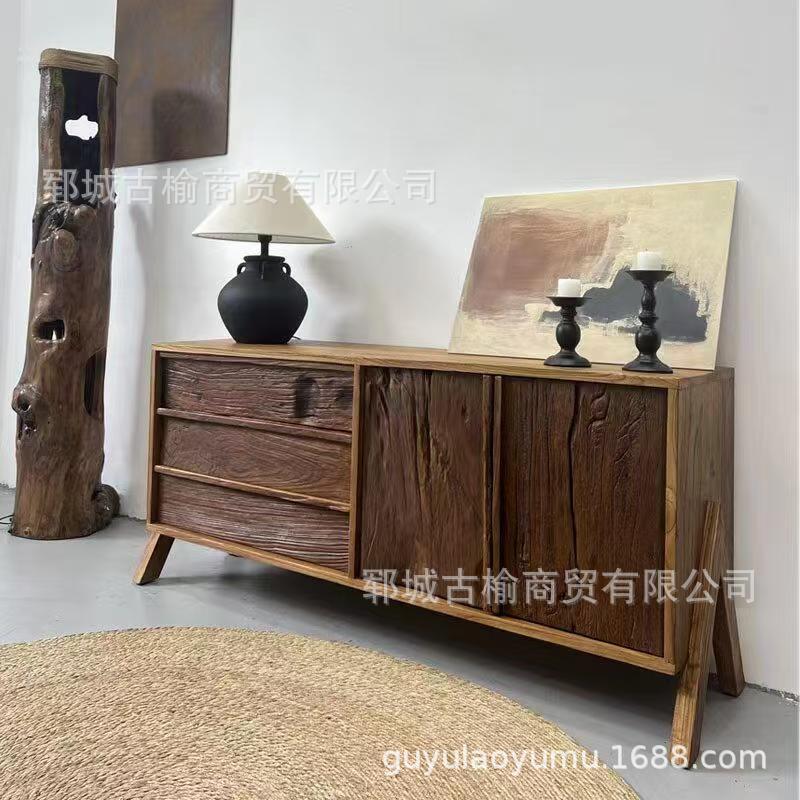 侘寂风老榆木餐边柜实木墙边柜复古斗柜民宿储物柜酒店木质玄关柜