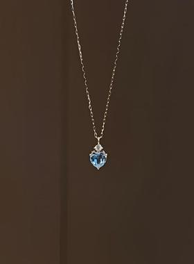 蓝色爱心项链女轻奢小众蓝眼泪锁骨链简约心形锆石颈链送女友礼物