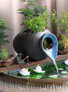 生态缸古法养鱼开口陶瓷罐流水摆件循环过滤配件庭院花园造景diy