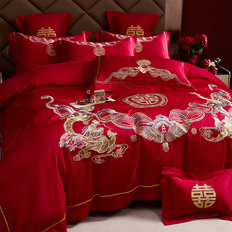 中式高档龙凤婚庆四件套大红色100S纯棉被套结婚送礼喜被床上用品