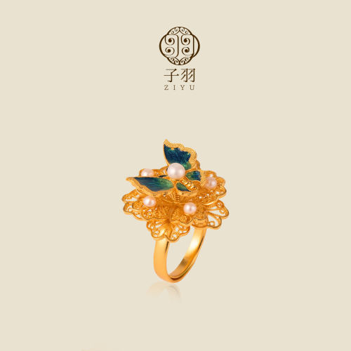 非遗花丝珐琅彩珍珠开口戒指