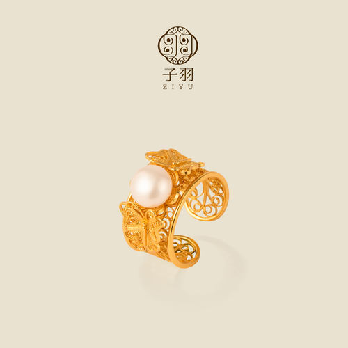 遗花丝银鎏金戒指双蝶戏珠镂空