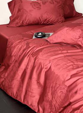 高端玫瑰提花婚庆纺长床绒棉四LU件套红色纯套棉被结婚家品