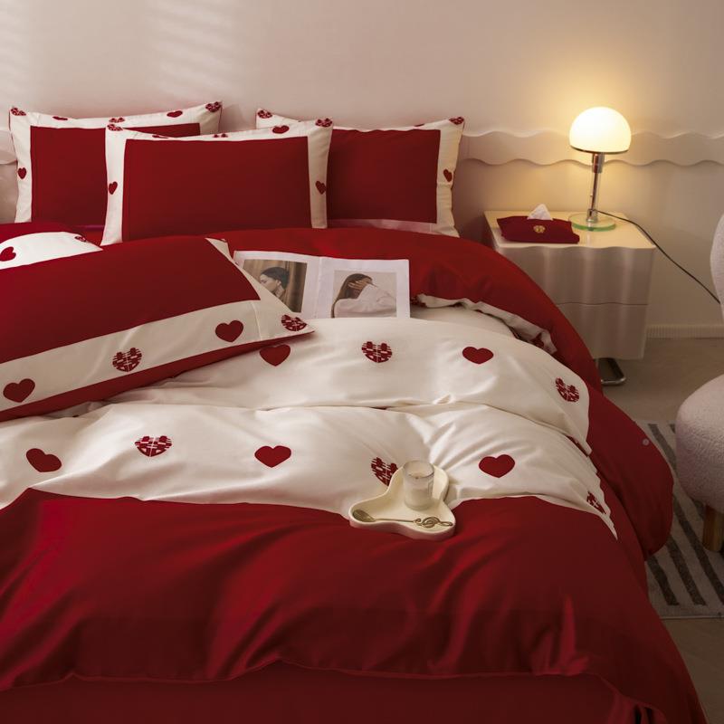 大红结婚四件喜庆婚色礼床QO婚庆四上品南通红床单套新婚用被套4